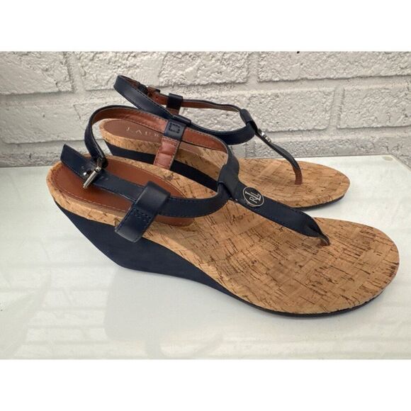 Ralph Lauren Women Blue Thong Slingback Wedge Sandals Size 8 - Picture 4 of 7